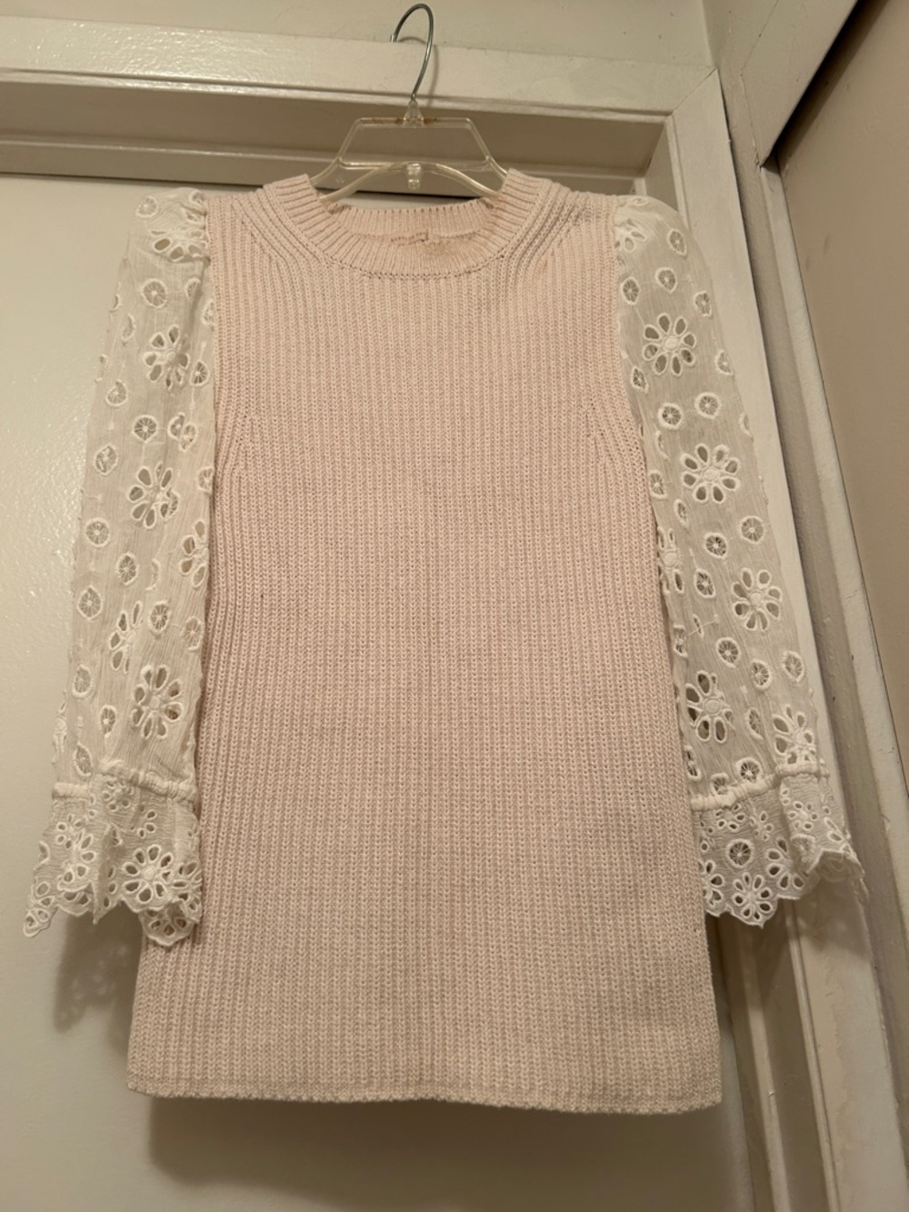 Rebecca Taylor Cream Knit Sweater with White Eyelet Sleeves